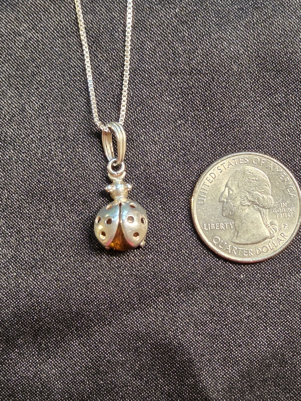 Sterling Silver Amber Ladybug Pendant Necklace - Silver & Amber